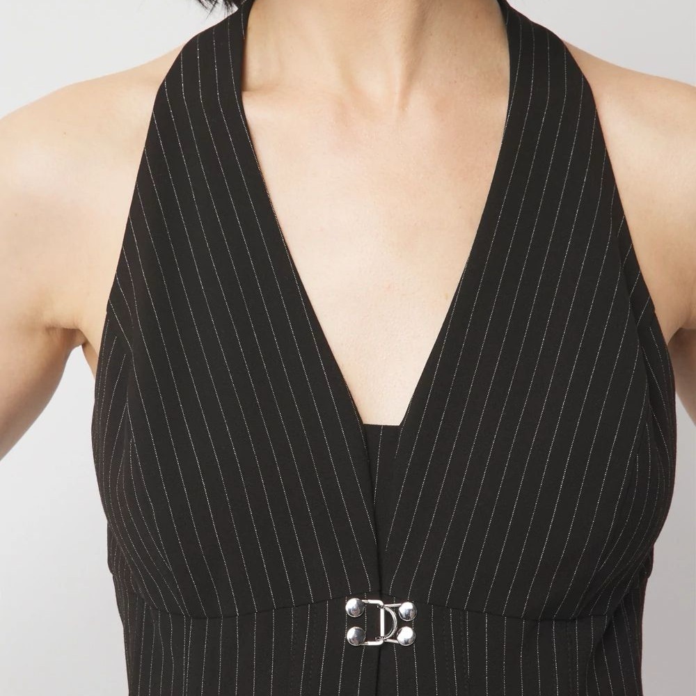 White House Black Market Pinstriped Hook & Eye Halter Top - Picture 2 of 11